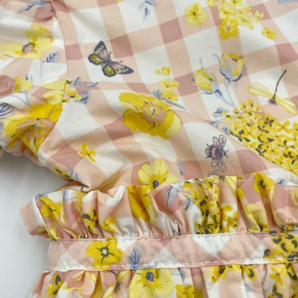 Haute Hippie Dress Gingham Floral Girl Size 2T Pink Yellow White‎ Puffed Sleeve